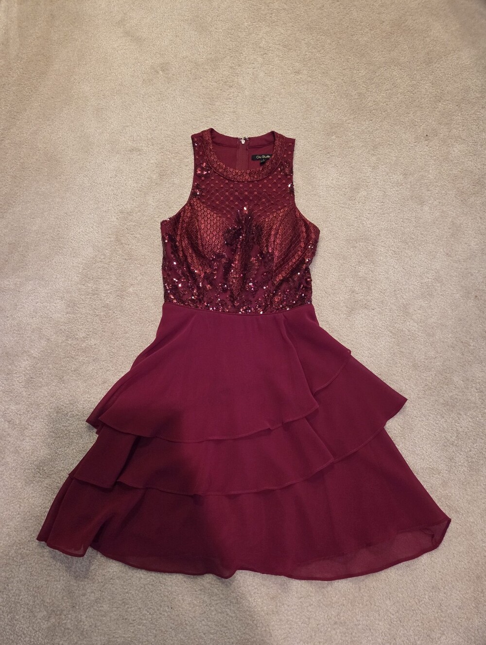 City Studio Burgundy Sequin Tiered Cocktail Dress